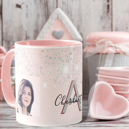 Taza Monograma fotográfico del purpurina de plata rosa 