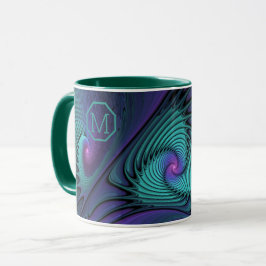Taza Monograma fractal abstracto púrpura turquesa moder