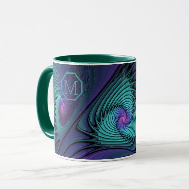 Taza Monograma fractal abstracto púrpura turquesa moder (Anverso izquierdo)