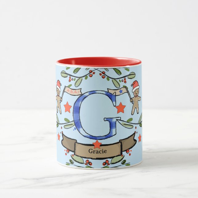 Taza Monograma "G" de Navidades retro curados con nombr (Centro)
