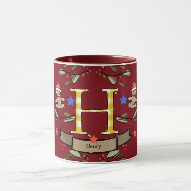 Taza Monograma "H" de Navidades retro curados con nombr (Centro)