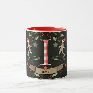 Taza Monograma "I" de Navidades retro curados con nombr