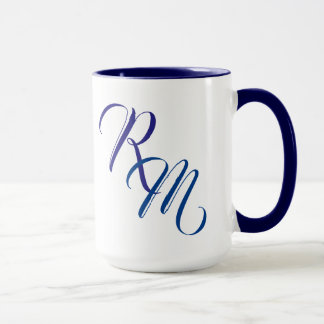 Taza Monograma inicial con guión azul personalizado