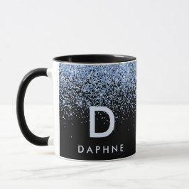 Taza Monograma inicial de purpurina negro y azul modern