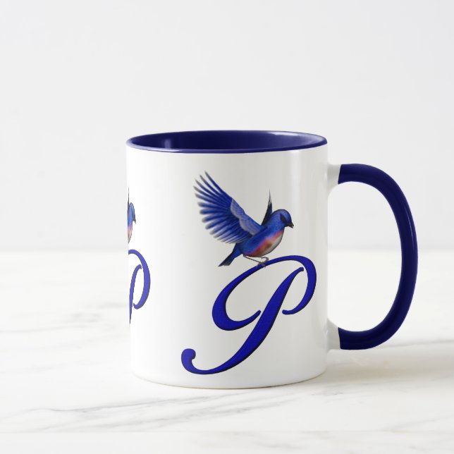Taza Monograma Inicial P Elegante Pájaro Azul (Derecha)
