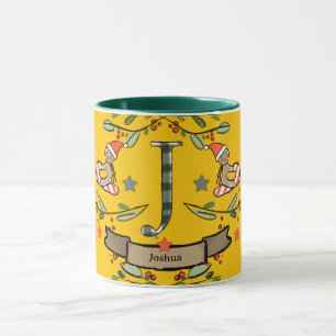 Taza Monograma "J" de Navidades retro curados con nombr