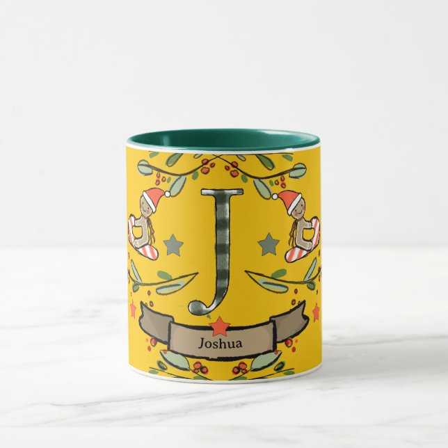Taza Monograma "J" de Navidades retro curados con nombr (Centro)