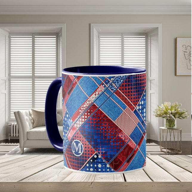Taza Monograma Jeans Azules Patchwork Pattern Mug (Mug featuring your monogram (optional) on a blue jeans based patterned patchwork or quilting design)