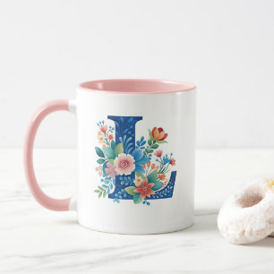 Taza monograma L azul con flores