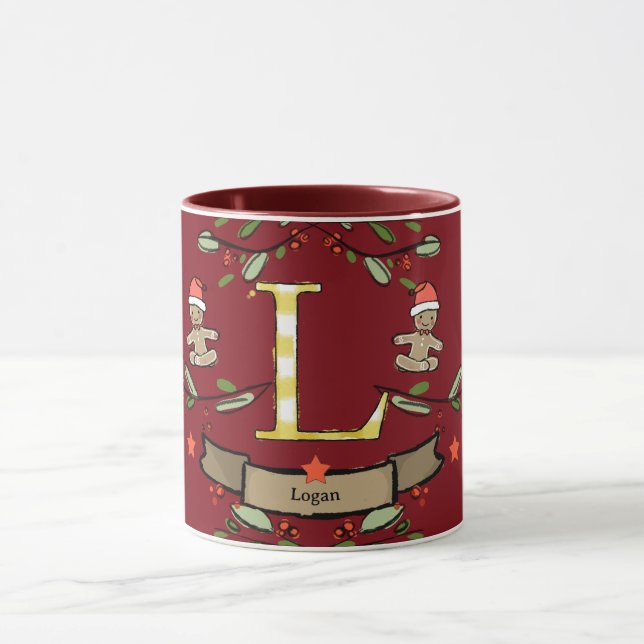 Taza Monograma "L" de Navidades retro curados con nombr (Centro)