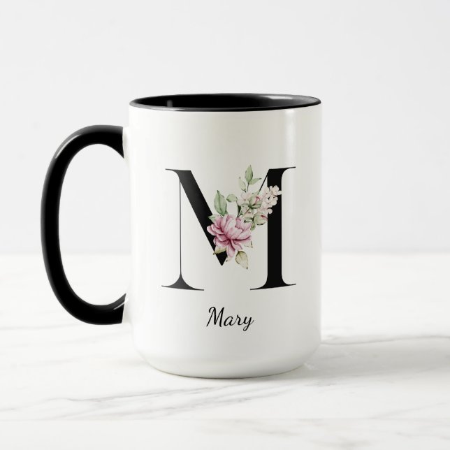 Taza Monograma, letra M con flores acuarelas (Izquierda)