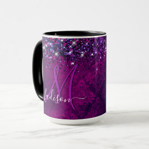Taza Monograma magenta negro falso purpurina