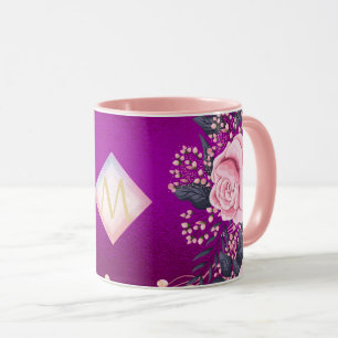 Taza Monograma Magenta Rosegold Purpurina metálico rosa