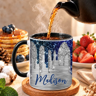 Taza Monograma moderna y linda de gotas de brillo azul