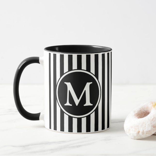 Taza Monograma Moderno De Banda Negra Y Blanca (Con donut)