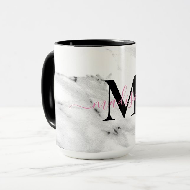 Taza Monograma moderno de patrón de mármol blanco y neg (Anverso izquierdo)