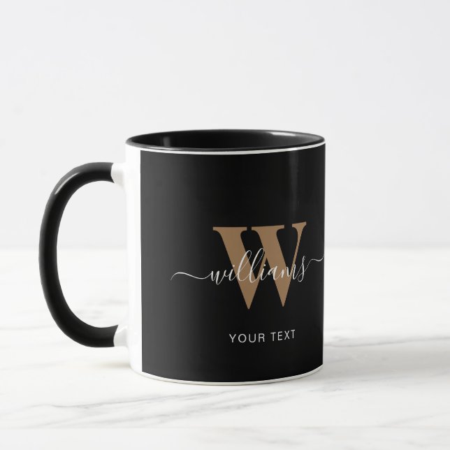 Taza Monograma moderno Guión dorado negro Nombre inicia (Izquierda)