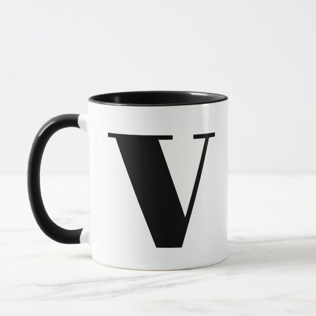 Taza Monograma moderno Letra inicial V negro y blanco (Izquierda)