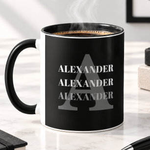 Taza Monograma Moderno Nombre Gris Negro