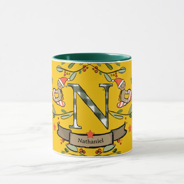 Taza Monograma "N" de Navidades retro curados con nombr (Centro)