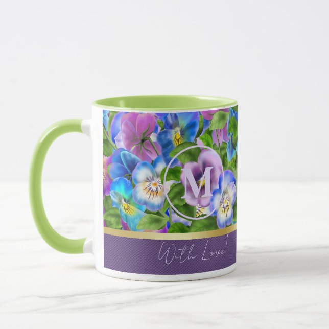 Taza Monograma Nacimiento Pansy Flores Violetas acuarel (Izquierda)