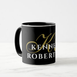 Taza Monograma Negro Dorado Blanco Nombre Minimalista E