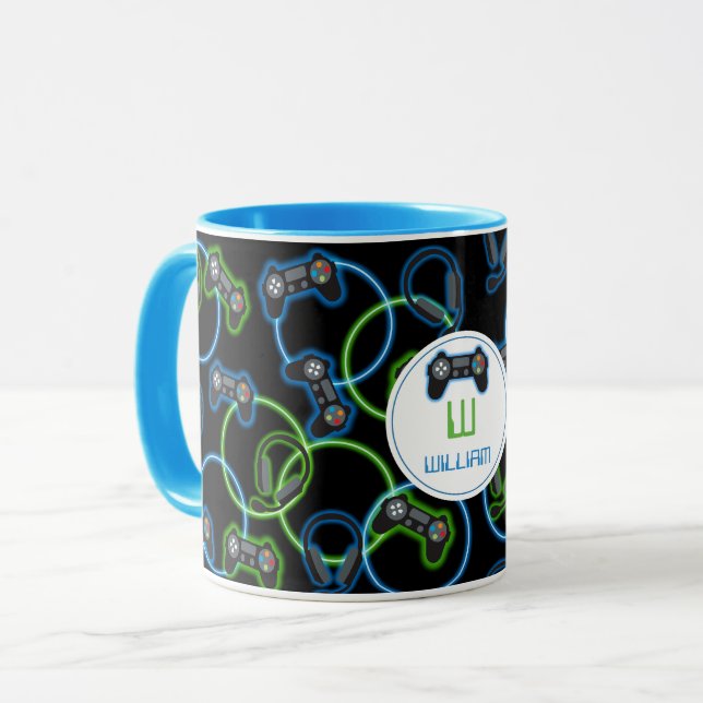 Taza Monograma Neon Blue & Green Pattern (Anverso izquierdo)