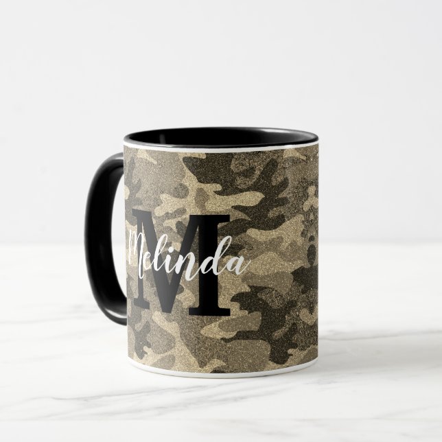 Taza Monograma Nombre Camuflaje Militar Purpurina de or (Anverso izquierdo)