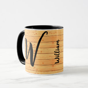 Taza Monograma nombre madera antigua, café con aspecto