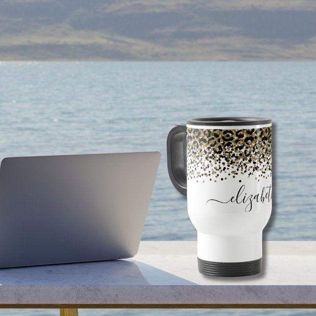Taza Monograma Nombre negro Leopardo dorado Moda de imp (Monogrammed Black Gold Leopard Print Animal Print Travel Coffee Mug)