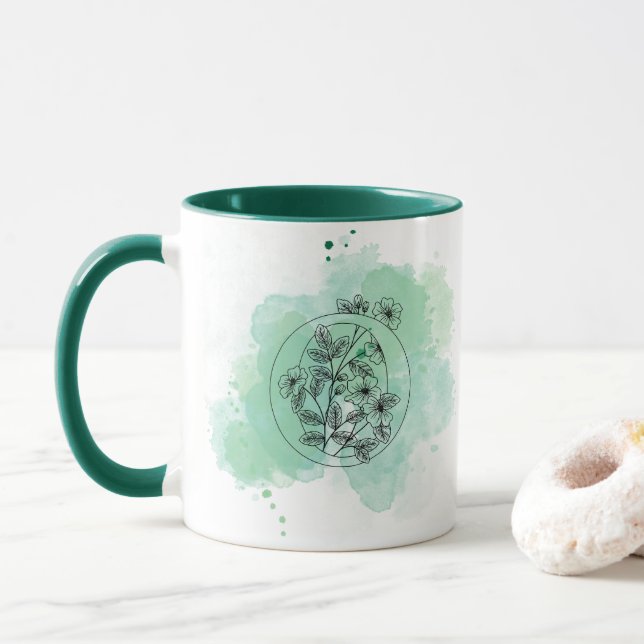 Taza Monograma O acuarela inicial Botánica verde (Con donut)
