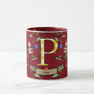 Taza Monograma "P" de Navidades retro curados con nombr