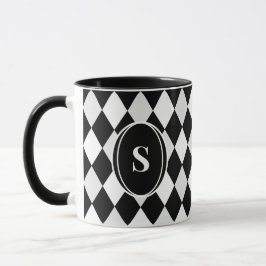Taza Monograma Patrón de diamante de Harlequin blanco y