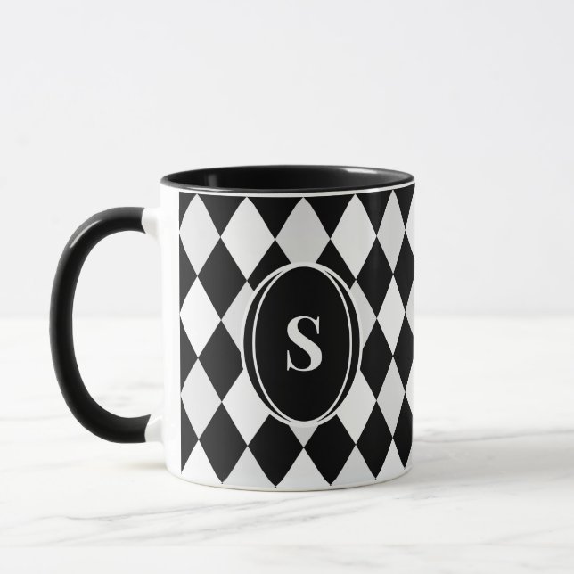 Taza Monograma Patrón de diamante de Harlequin blanco y (Izquierda)