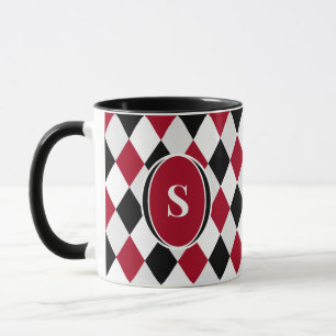 Taza Monograma Patrón de Diamante Harlequin Negro y Roj