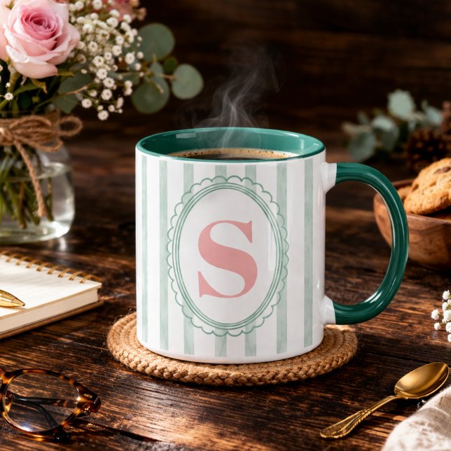 Taza Monograma personalizado de rayas de acuarela rosa  (Subido por el creador)