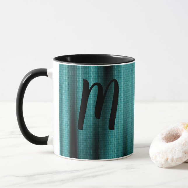 Taza Monograma personalizado de textura de hojas azules (Con donut)
