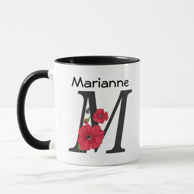 Taza Monograma personalizado editable M texto flor roja (Izquierda)