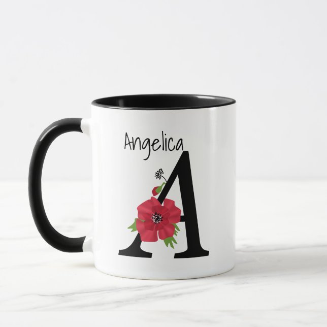 Taza Monograma personalizado editable texto A flor roja (Izquierda)