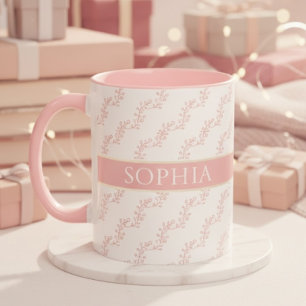 Taza Monograma personalizado floral rosa y dorado femen
