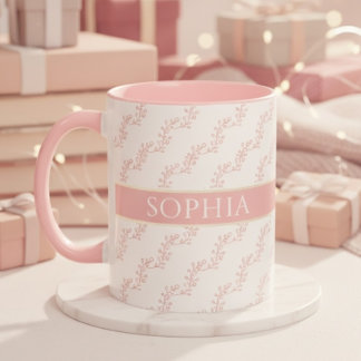 Taza Monograma personalizado floral rosa y dorado femen
