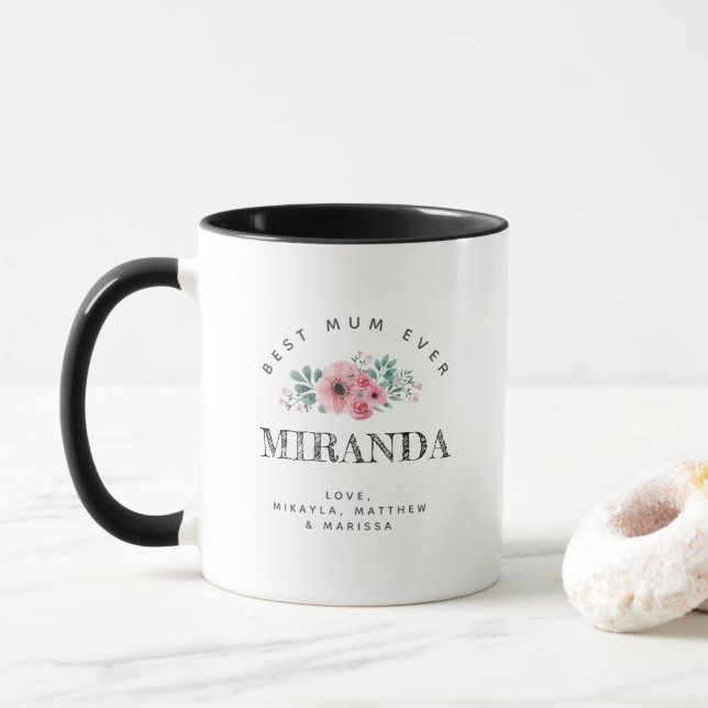 Taza Monograma personalizado mejor mamá jamás Flores ro (Con donut)