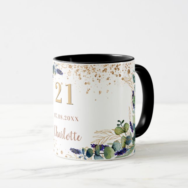 Taza Monograma purpurina de eucalipto de cumpleaños (Anverso derecho)