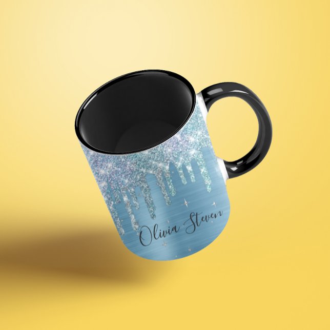 Taza monograma purpurina de goteo de agua azul de hielo (Subido por el creador)