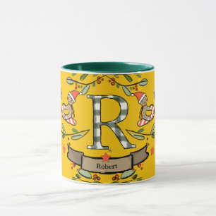 Taza Monograma "R" de Navidades retro curados con nombr
