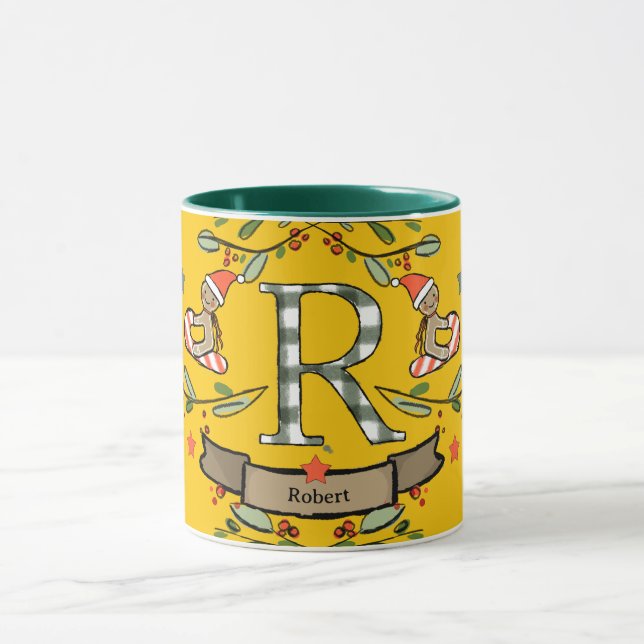 Taza Monograma "R" de Navidades retro curados con nombr (Centro)