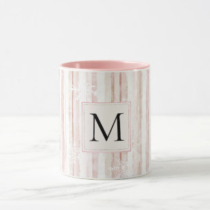 Taza Monograma Rayas Copos de Nieve Blancos Rosa