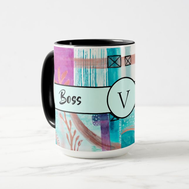Taza Monograma resumen de Boss Lady Black Ringer 15oz (Anverso izquierdo)