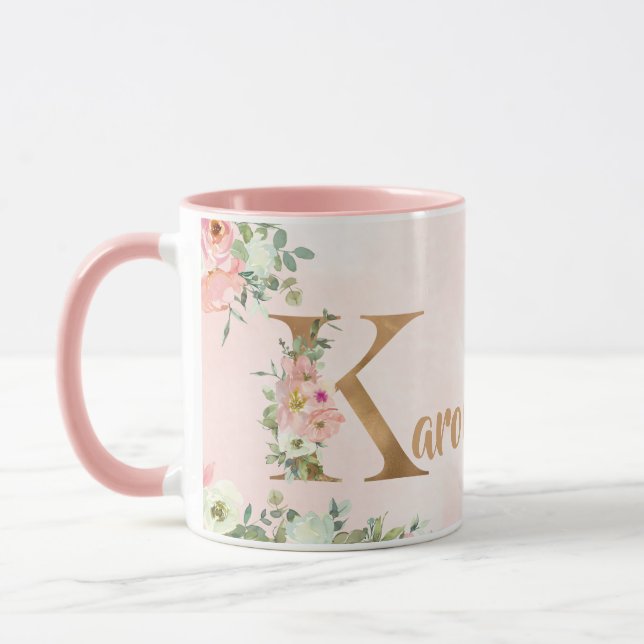 Taza Monograma rosa floral K acuarela con Nombre (Izquierda)
