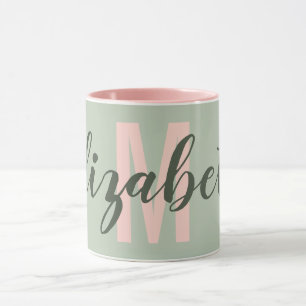 Taza Monograma rosa Rubor verde ligero y simple